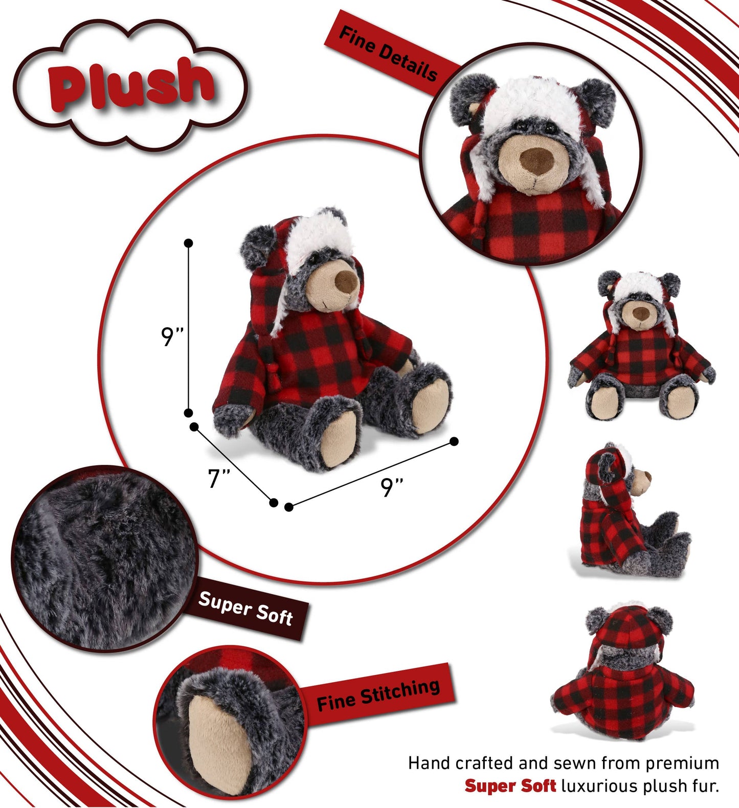Bramble the Black Bear w/Red Plaid Sweater and Hat