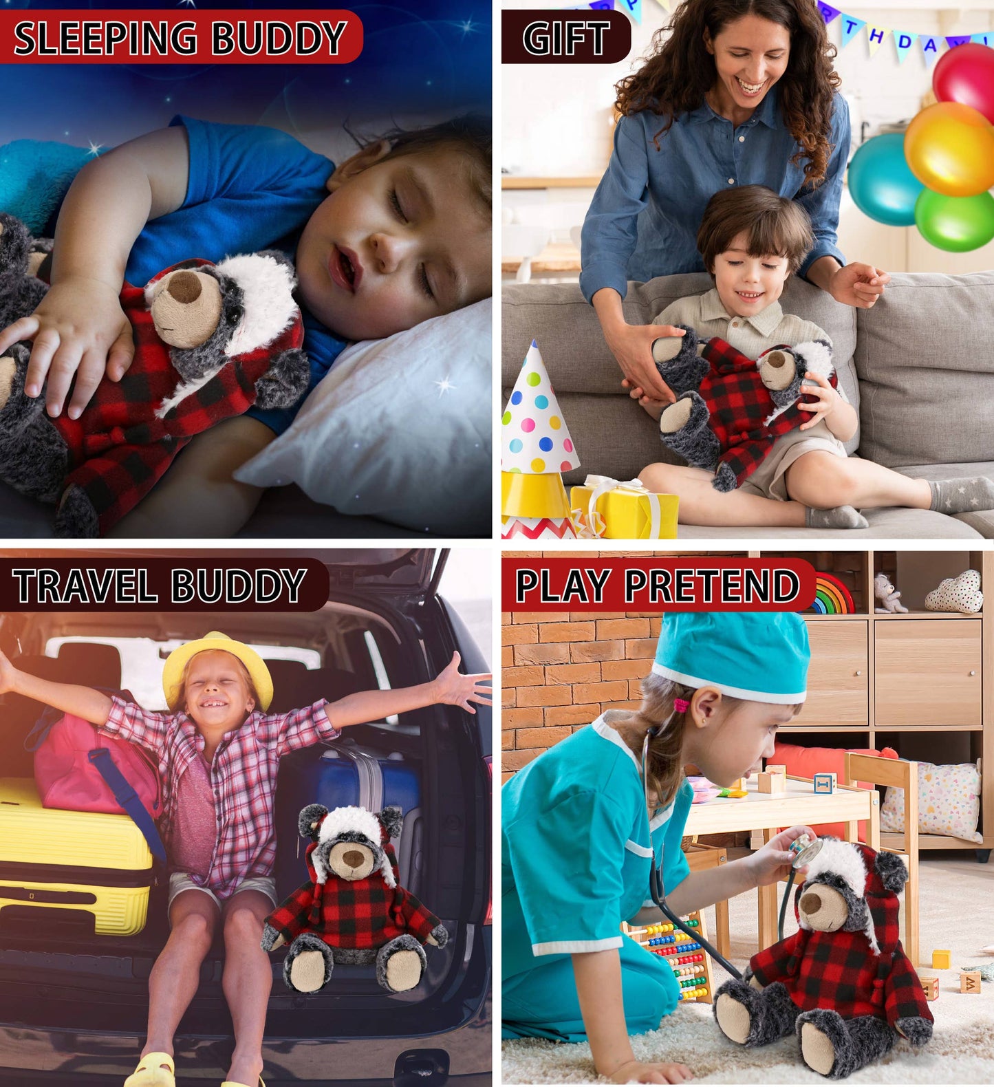 Bramble the Black Bear w/Red Plaid Sweater and Hat